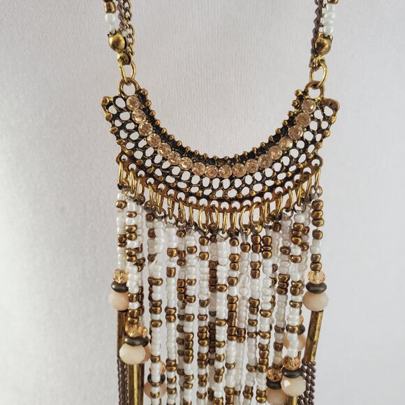 ICING Long Beaded Chain Tassel Fringe Bib Boho Necklace Bronze & White Gold Tone - Picture 4 of 7
